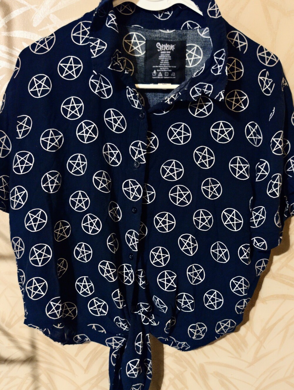 Spencer's Black With White Pentagram Print Short Sleeve Rayon Button Down top-XL
